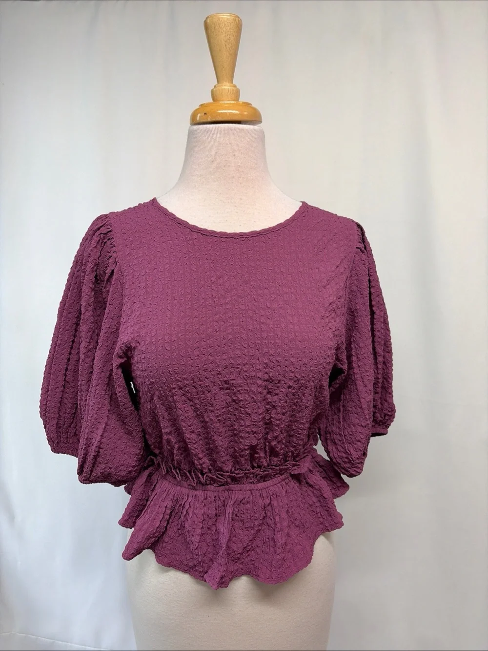 Free People Womens Large Puff Short Sleeve Swiss Dots Crinkle Open Back Blouse